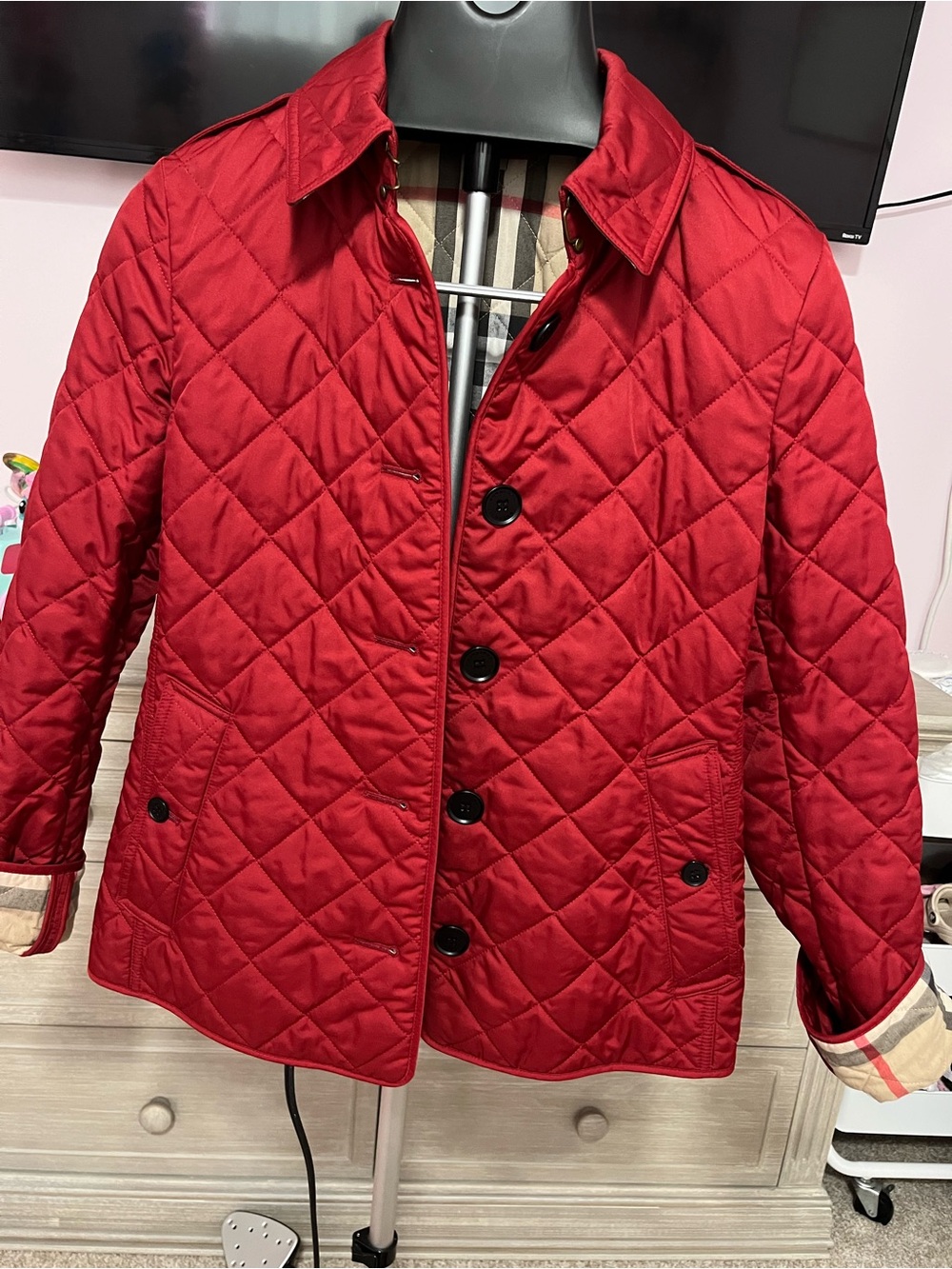 Burberry Red Quilted Puffer Jacket with Plaid Lining